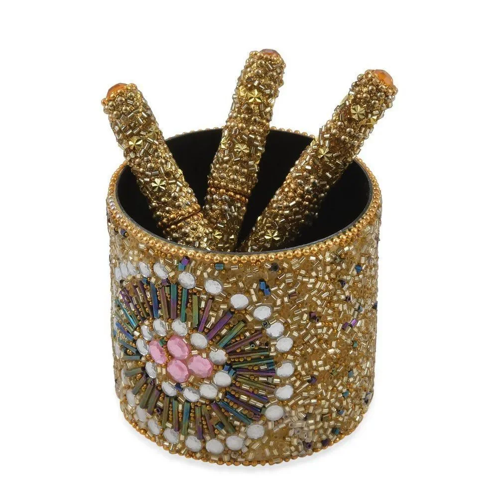 Golden Floral Pattern Beaded Pens with Holder